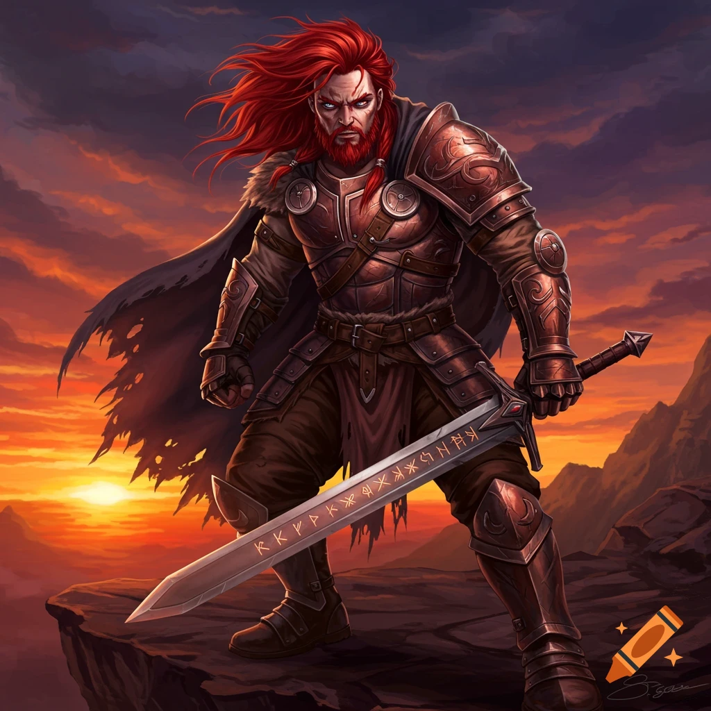 A fierce red-haired warrior in ornate armor holding a large sword with runes, standing on a cliff at sunset.