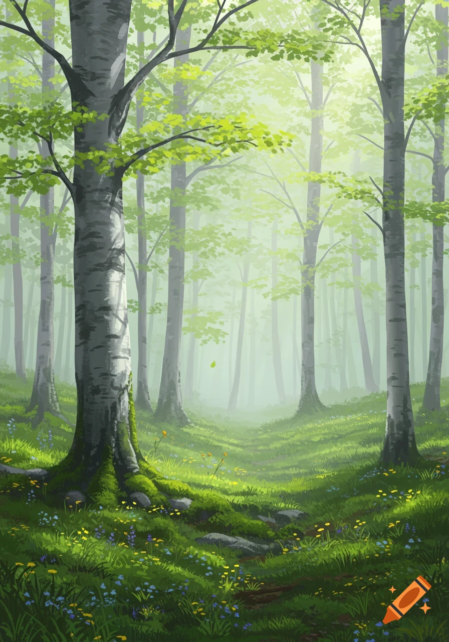 A serene, bright green forest with tall trees and a mossy, flower-filled ground, with mist in the background.