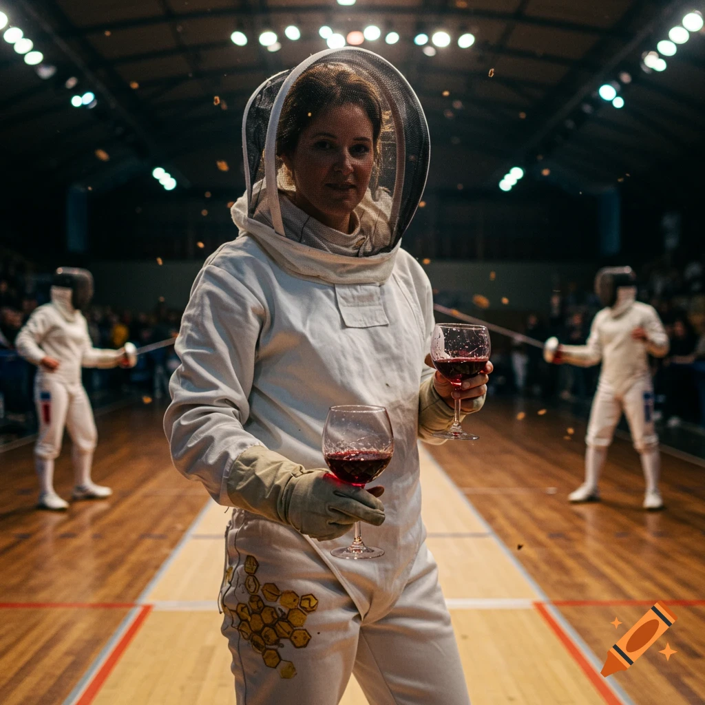 A woman in a white fencing uniform and beekeeper mask holds two glasses of red wine on a fencing court. Other fencers are in the background.