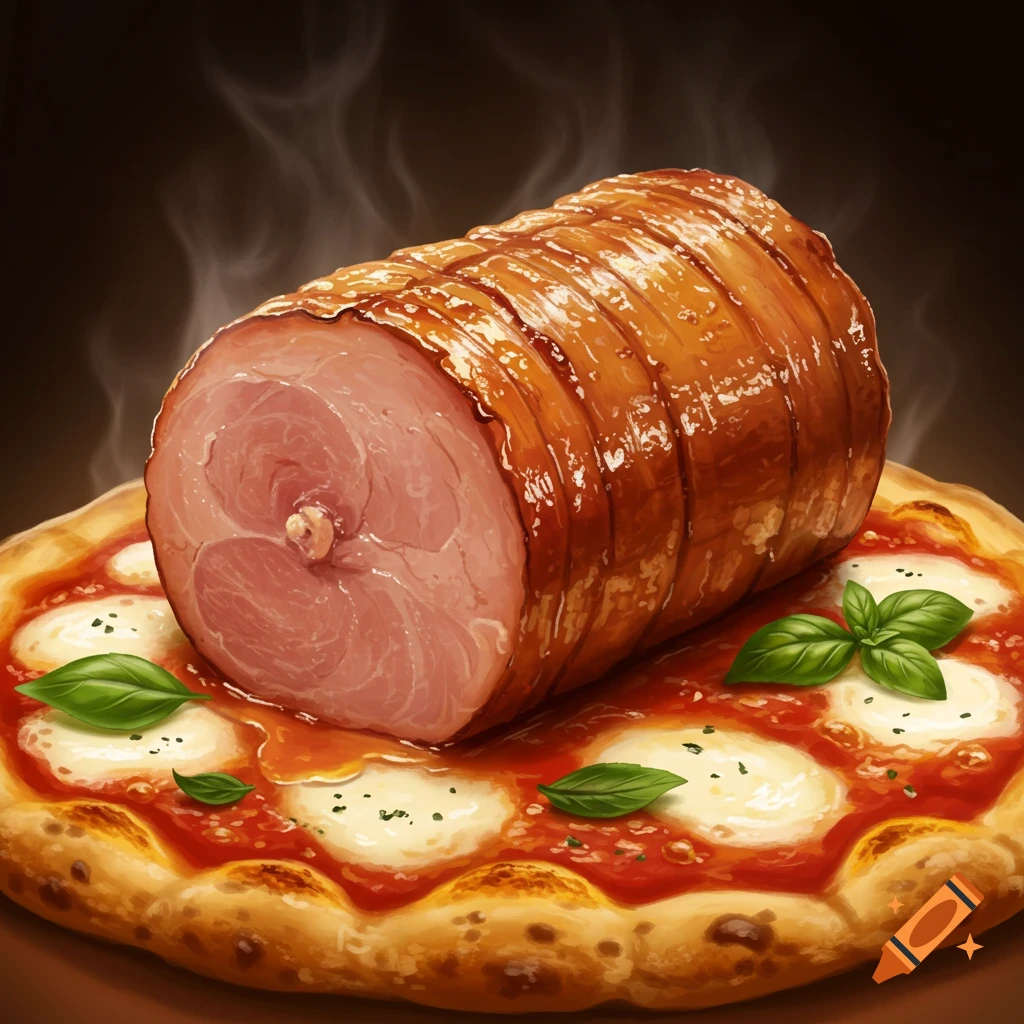 A photorealistic image of a whole roasted ham on a bubbling cheese and tomato pizza, garnished with fresh basil leaves.