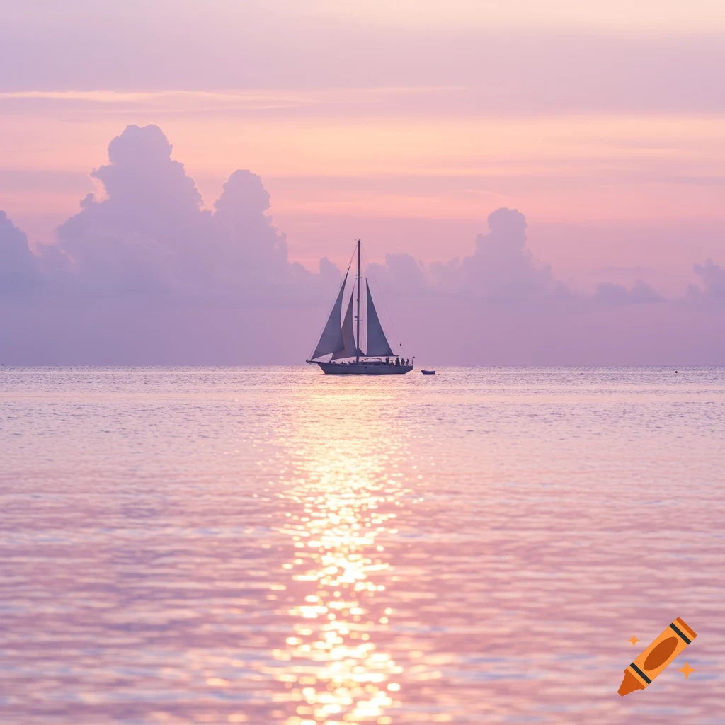 A sailboat on tranquil water under a pastel pink and purple sky with a golden sun reflection.