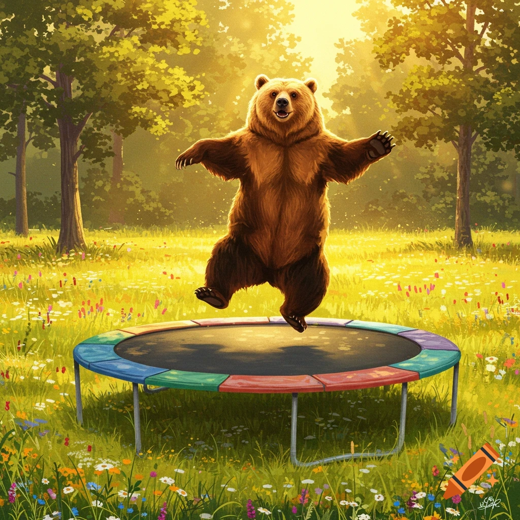 An illustrated brown bear joyfully jumping high on a colorful trampoline in a sunny field with wildflowers and trees.