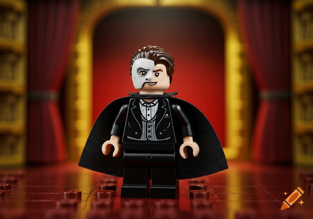 A photorealistic Phantom of the Opera Lego minifigure, wearing a black suit, cape, and white half-mask, on a red Lego baseplate in a theatre.