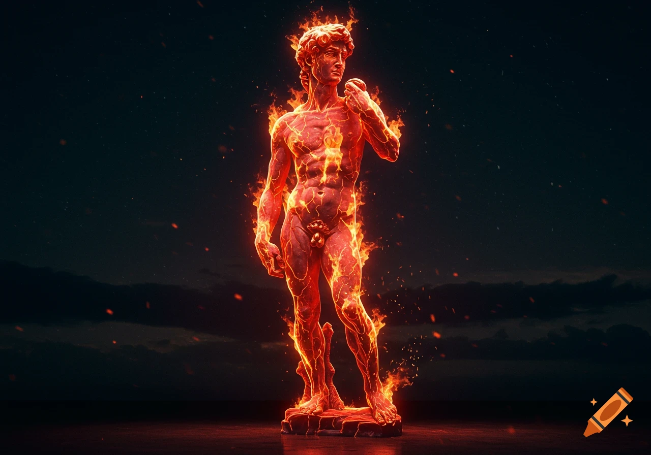 A statue of Michelangelo's David appears to be made of glowing red and orange flames, standing against a dark, cloudy sky.