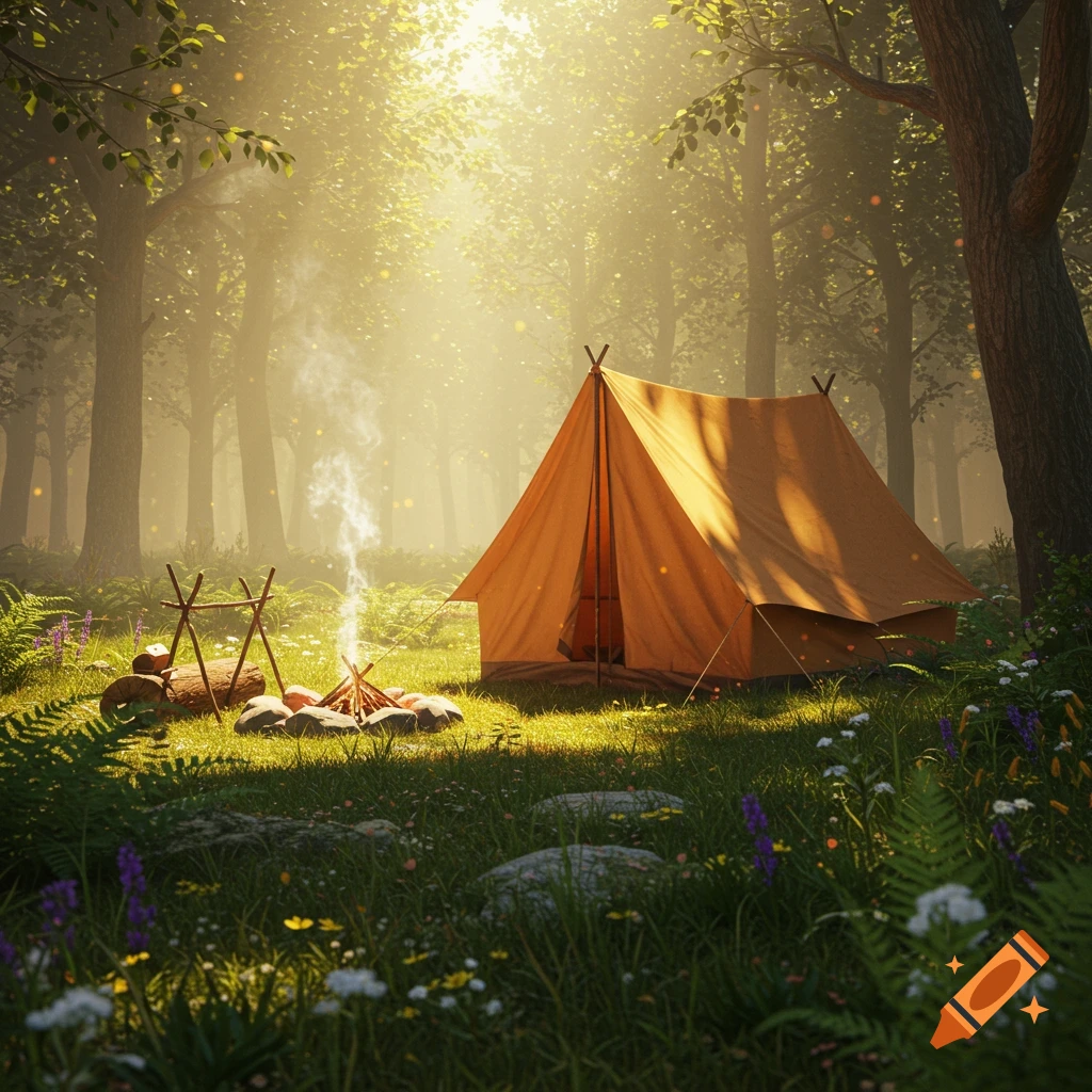 An orange tent and a small campfire sit in a sunlit forest clearing with tall trees and green grass, photorealistic style.