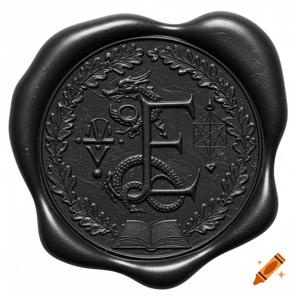 Black wax seal with a dragon forming the letter E, surrounded by oak leaves, a book, and various symbols.