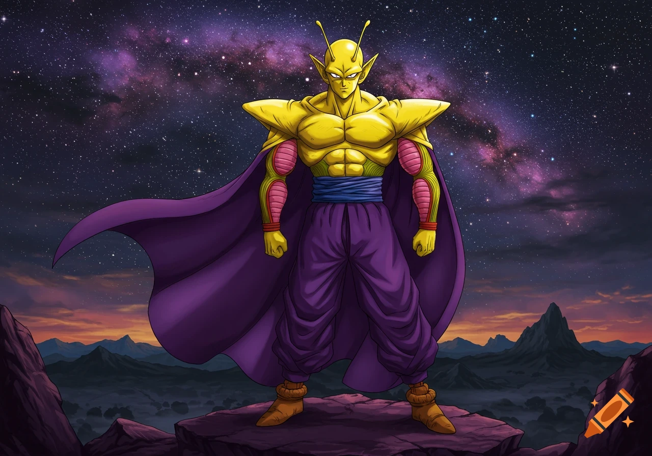 Piccolo, a muscular yellow-skinned anime character, stands on a rocky landscape against a vibrant purple galaxy sky.