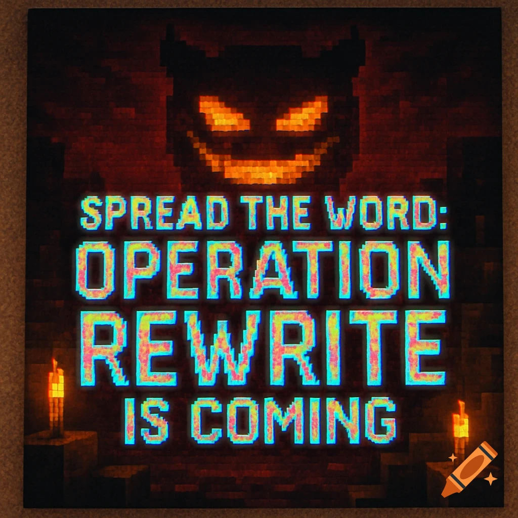 A dark, pixelated Minecraft-style poster features a glowing orange devilish grin above the neon text "SPREAD THE WORD: OPERATION REWRITE IS COMING".