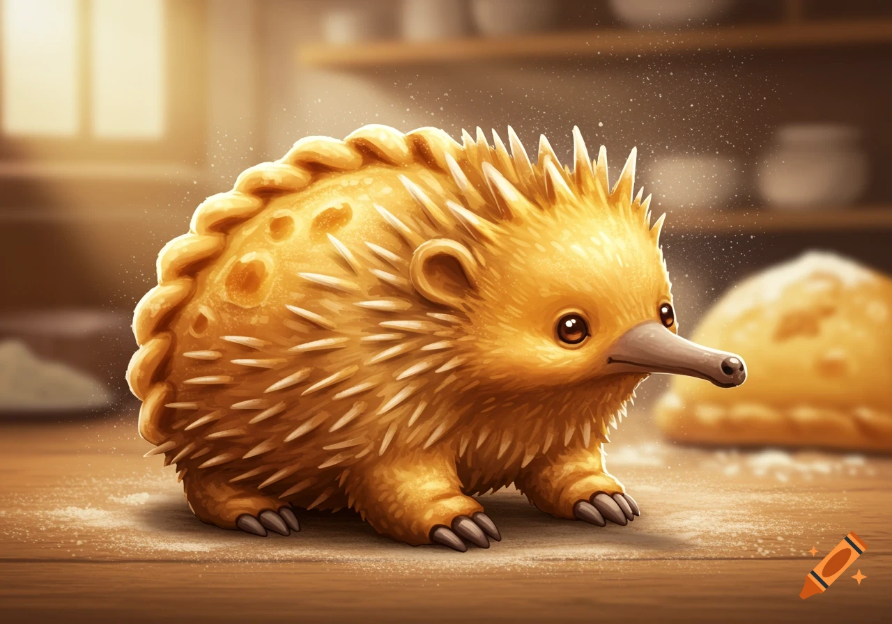 A cute, cartoonish echidna-empanada hybrid stands on a flour-dusted wooden counter.