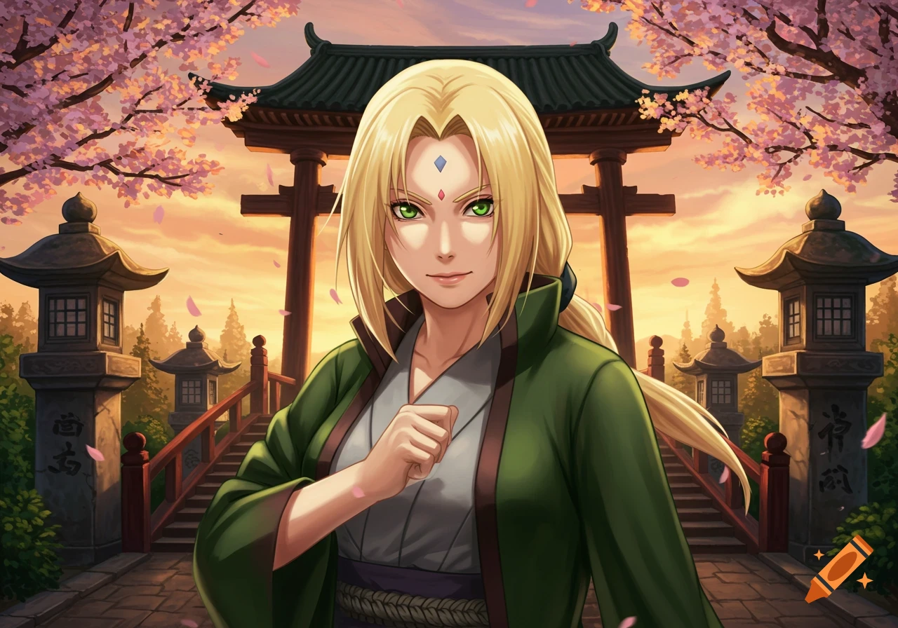 An anime woman with blonde hair and green eyes stands in front of a traditional Japanese gate with cherry blossoms and lanterns at sunset.