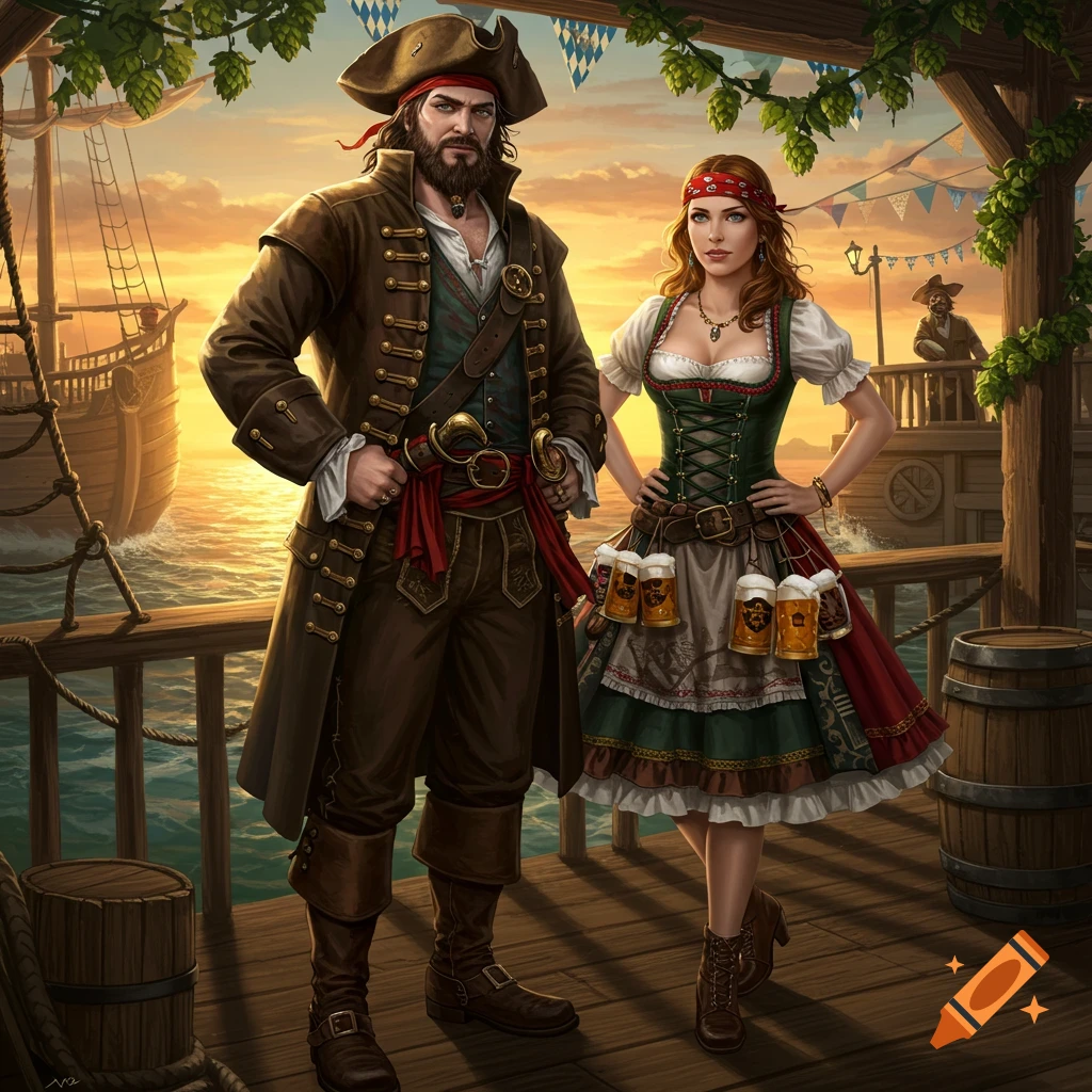 A man dressed as a pirate and a woman in Oktoberfest garb stand on a dock at sunset with a ship in the background.