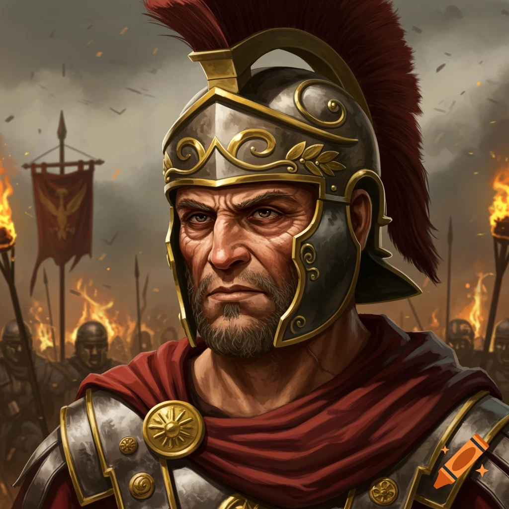 A stern Roman general in ornate armor and a red cloak, standing amidst a fiery battlefield with soldiers and banners.