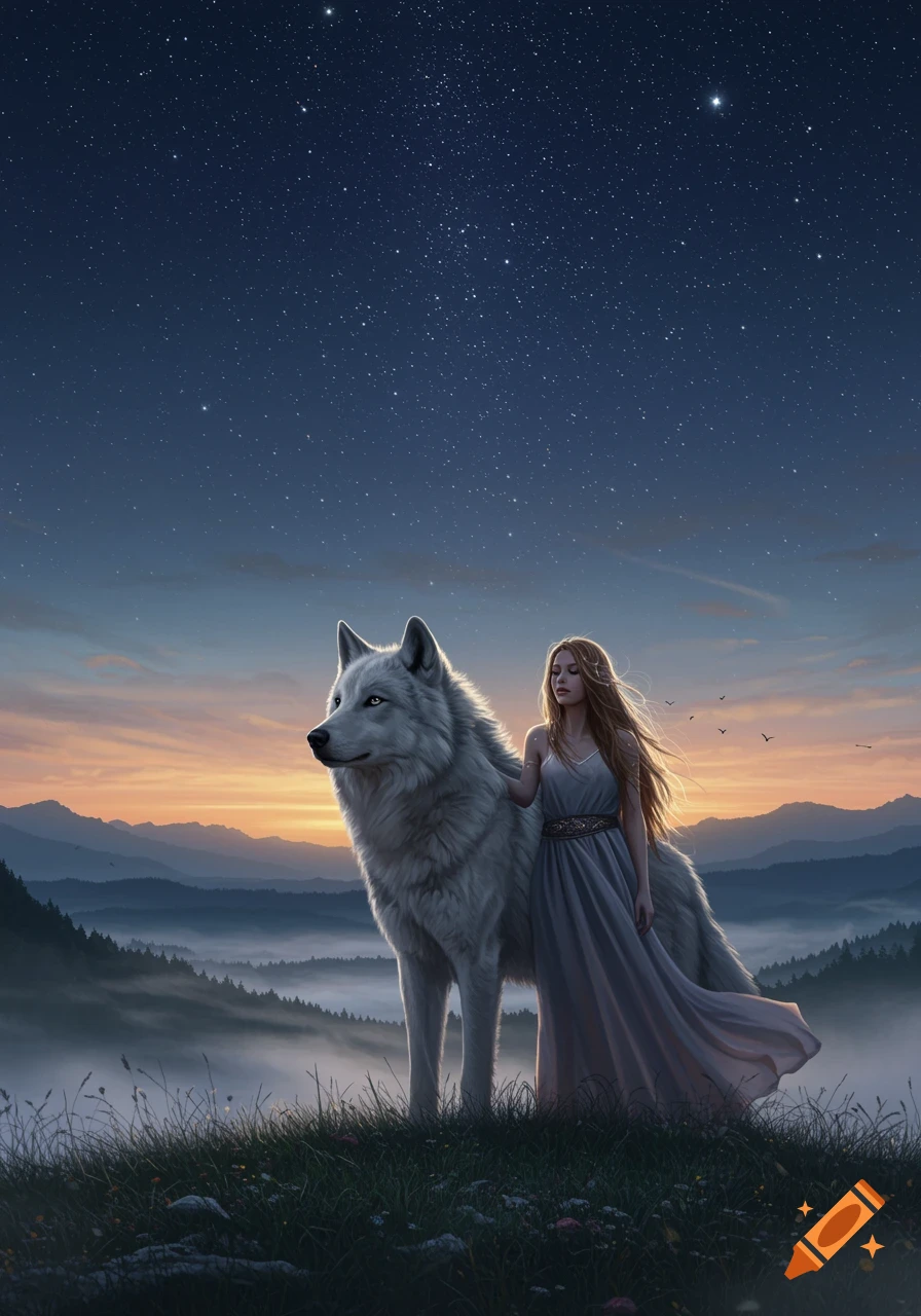 A woman and a large white wolf stand on a grassy hill overlooking misty mountains at dusk under a starry sky.