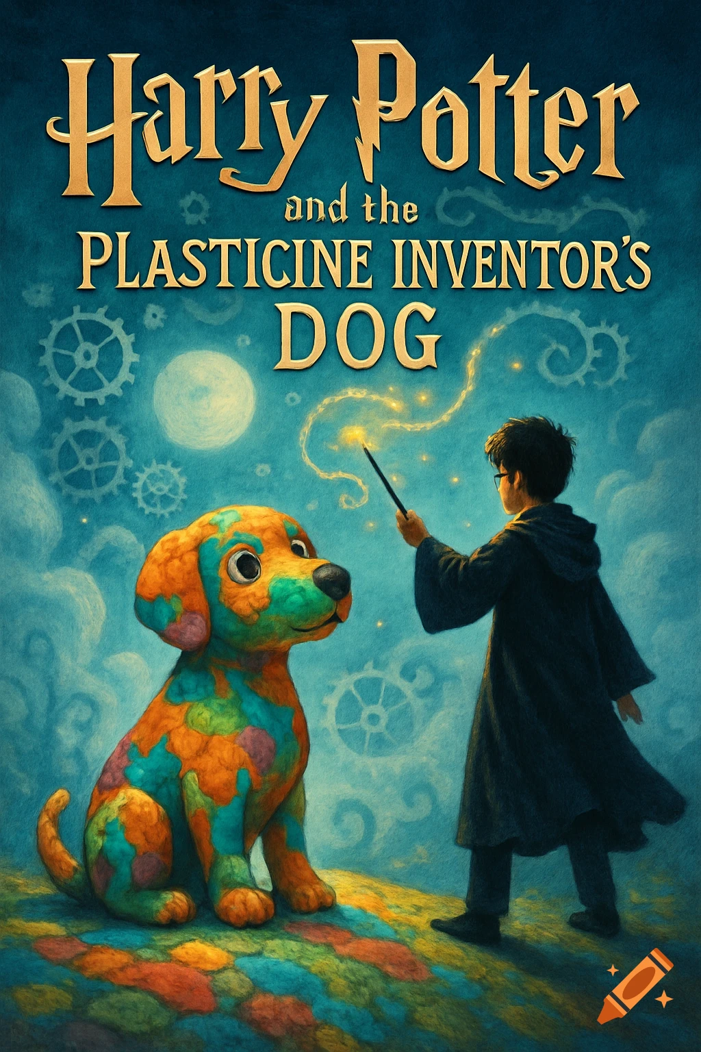 A book cover depicting a young wizard casting a spell on a colorful, plasticine-like dog on a textured landscape under a teal sky with gears.