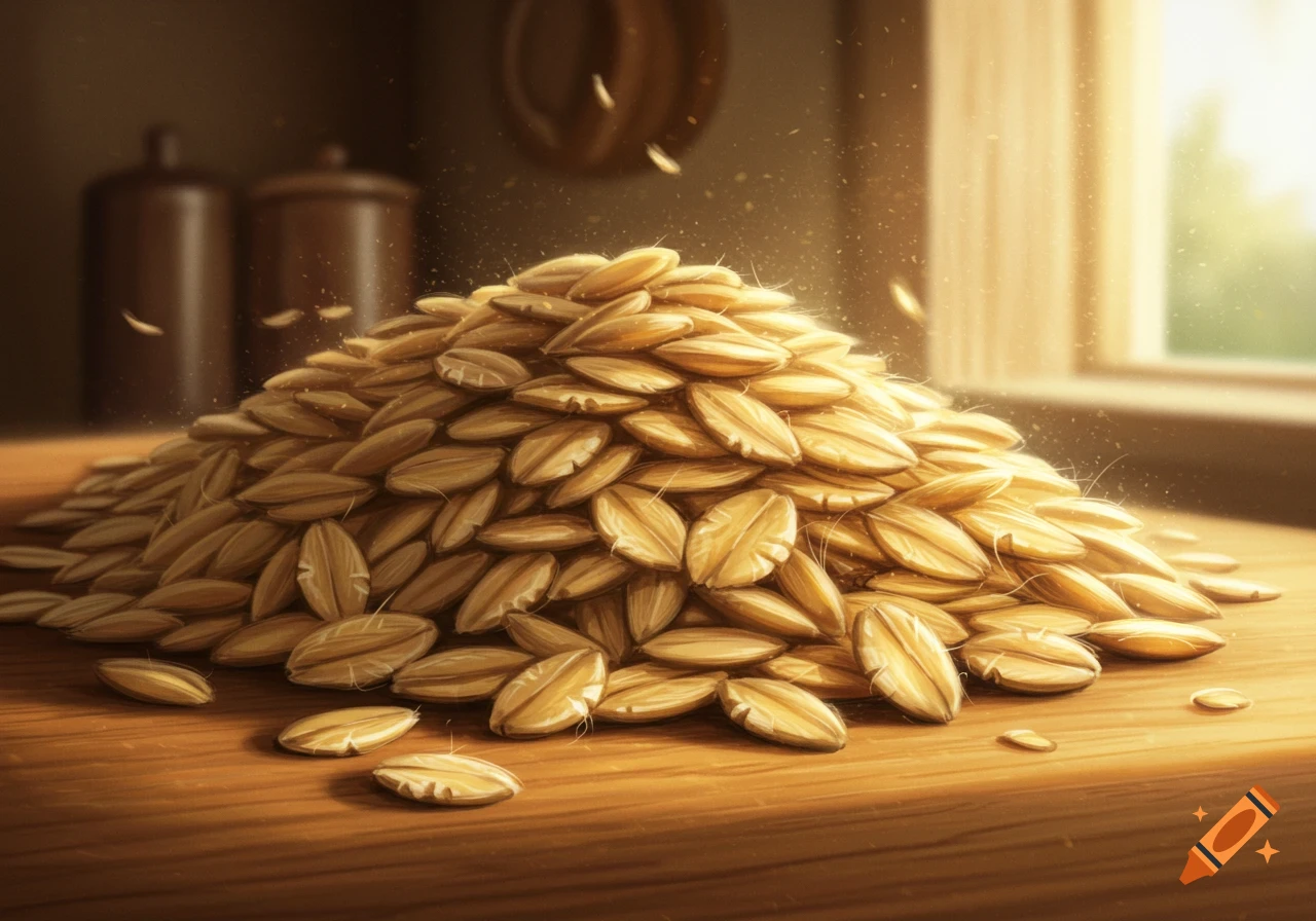 A close-up, photorealistic view of a large pile of golden oat grains on a wooden table, with light falling from a window.