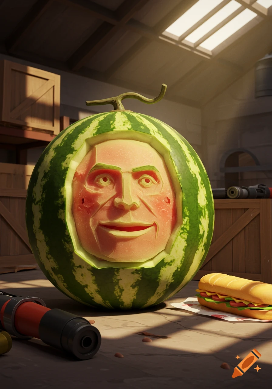 A stylized 3D render of a watermelon carved with the face of The Heavy from Team Fortress 2, set in a warehouse.