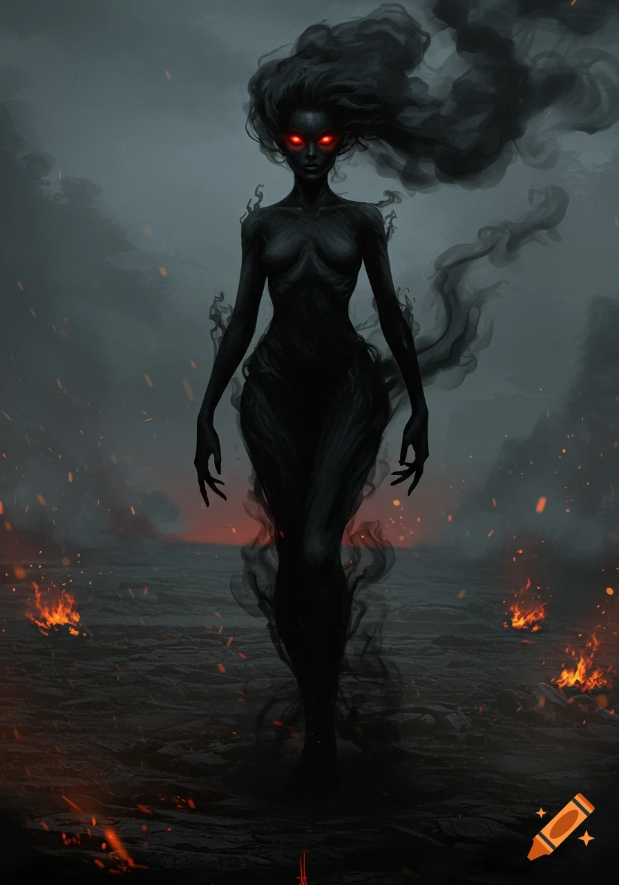 A tall, slender figure made of black smoke with glowing red eyes stands in a dark, fiery landscape.