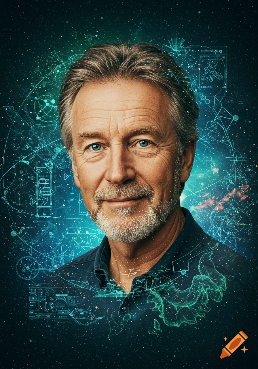 A photorealistic portrait of an older man with a beard and blue eyes, set against a dark, starry background with glowing blue and green futuristic lines and symbols.