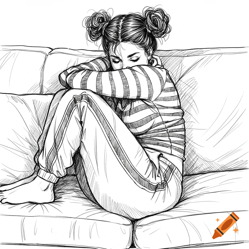Black and white sketch of a woman with bun hairstyles curled up on a sofa.