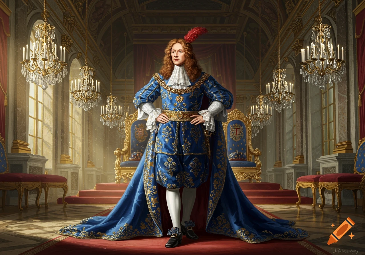 A regal man in a voluminous blue and gold royal suit with a red feathered hat stands in a grand, opulent palace hall.