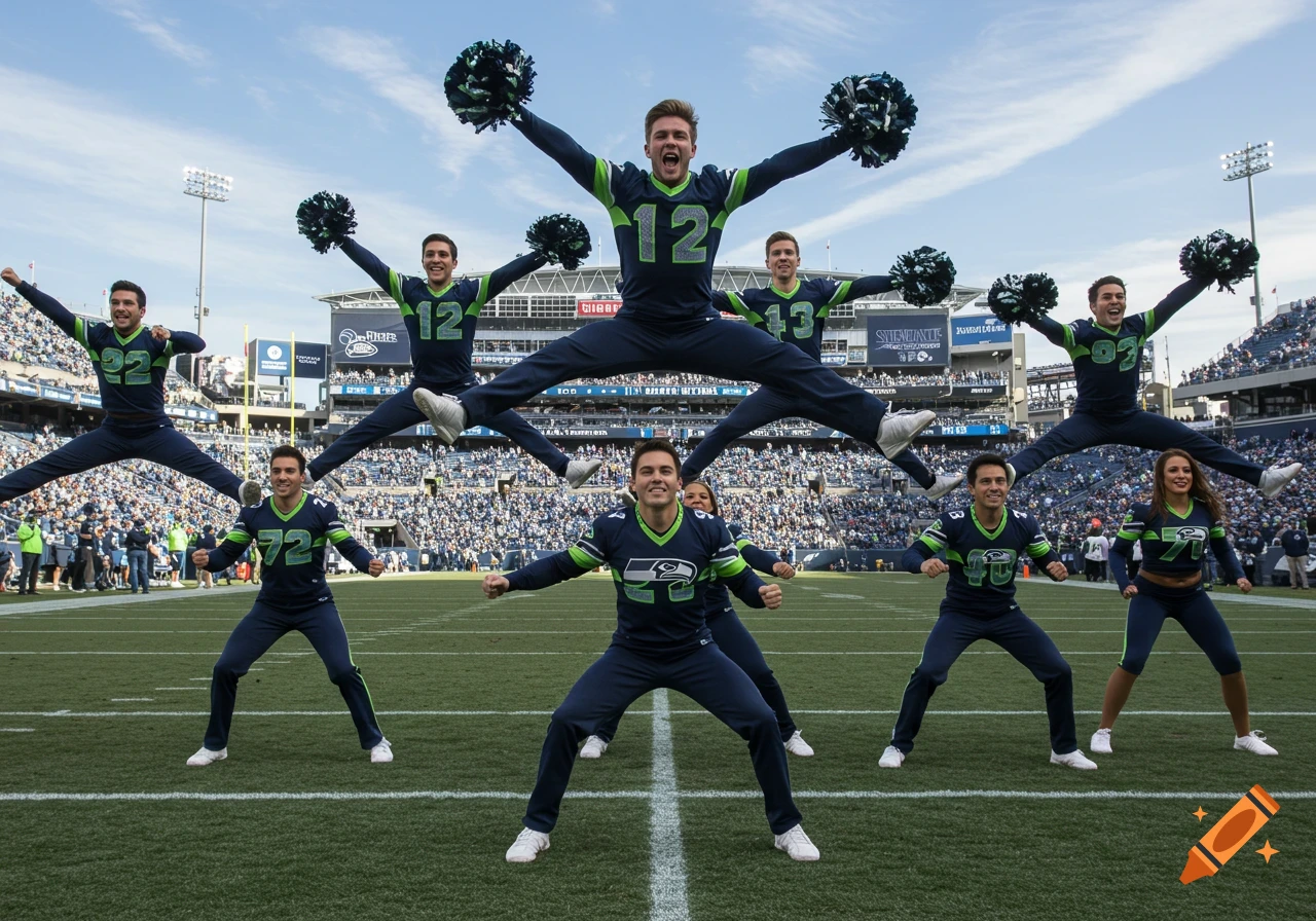 Male and female cheerleaders in blue and green uniforms jump and pose on a football field during a daytime performance.