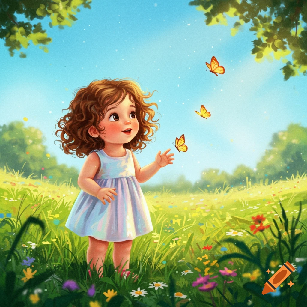 A cute cartoon toddler with curly brown hair in a light dress stands in a vibrant green meadow filled with flowers, looking up at three orange butterflies.
