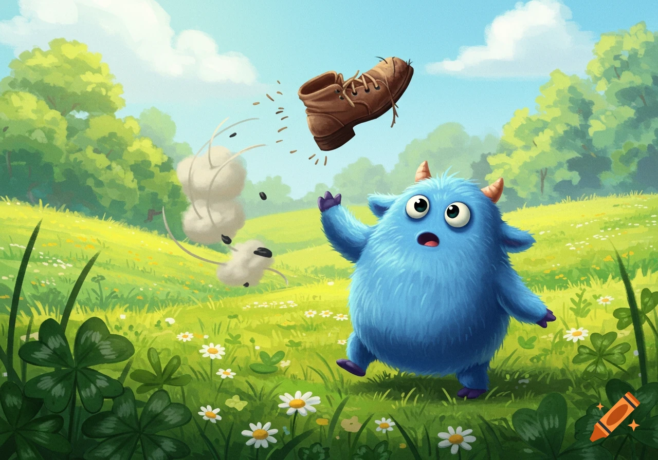 A cute blue monster throws a brown shoe at a small white sheep in a green, flowery field, cartoon style.