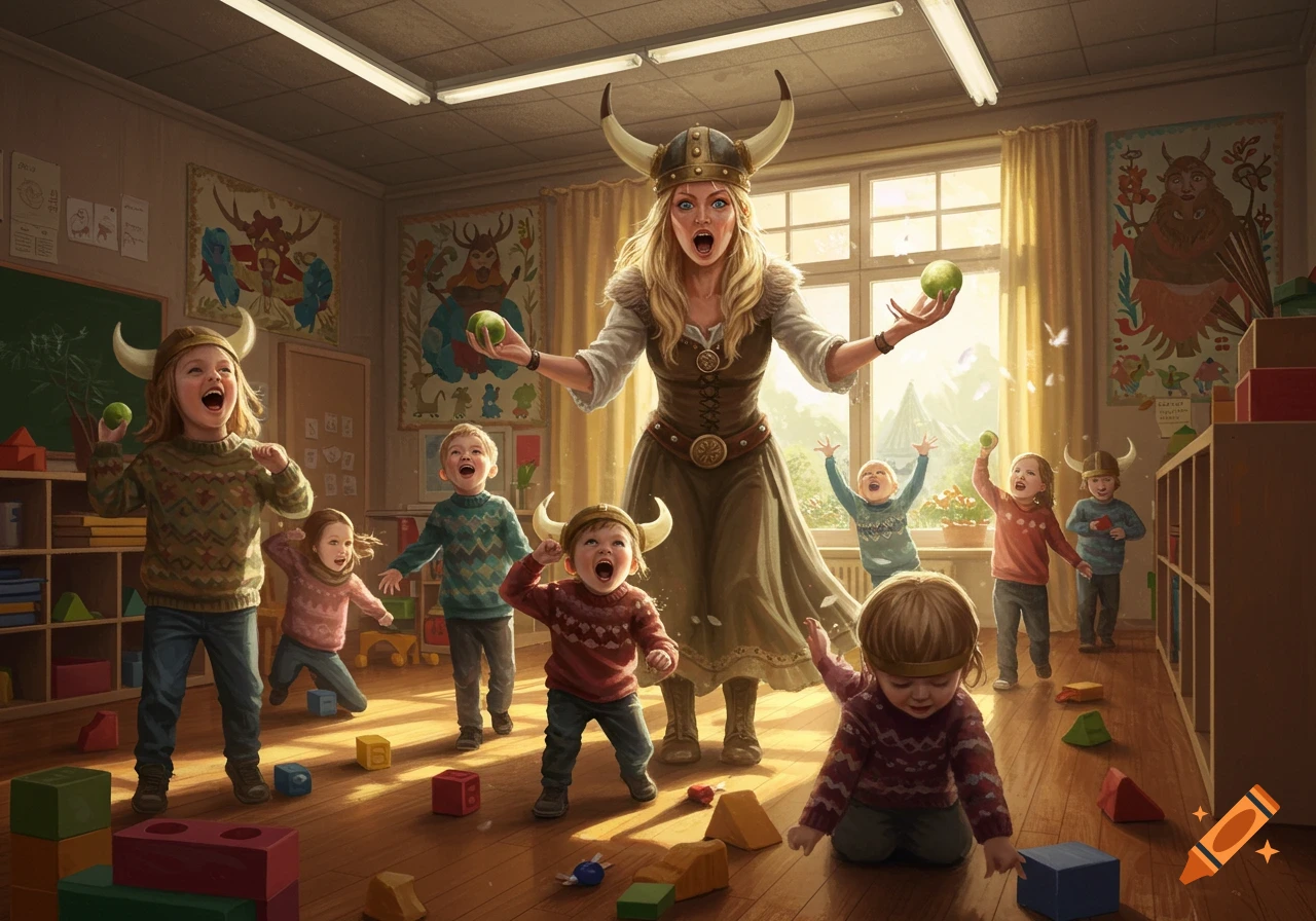 A blonde woman in a Viking helmet and dress stands in a classroom with excited children wearing horned hats, some holding green apples, in a sunlit scene.