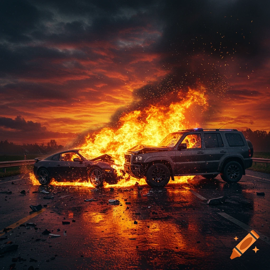 Two cars on a road engulfed in large flames after a collision, set against a dramatic, fiery sunset sky.