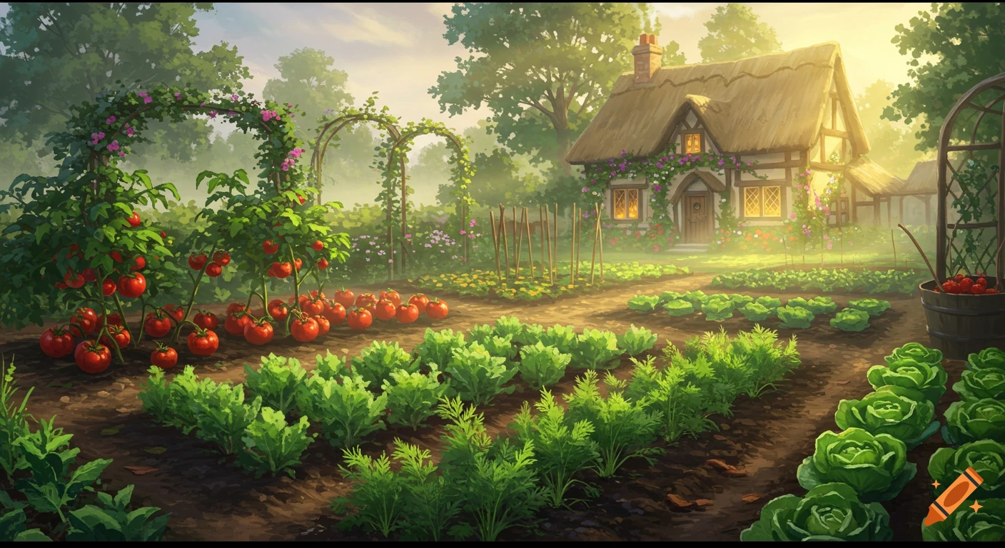 A beautiful illustration of a sunny cottage garden with rows of tomatoes, carrots, and lettuce, and a charming cottage in the background.