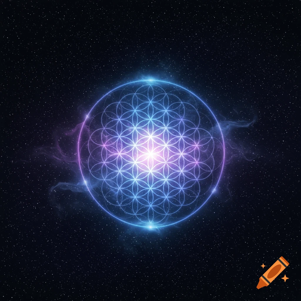A glowing sacred geometry flower of life symbol in blue and purple, set against a dark, star-filled cosmic background.