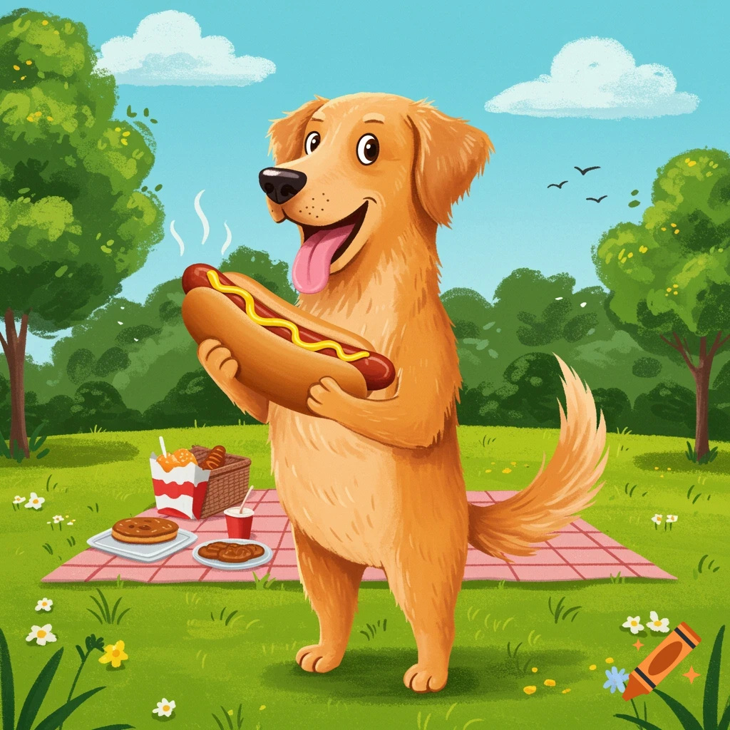 A happy golden retriever stands in a sunny park, holding a large hot dog with mustard, next to a picnic blanket with food. Cartoon style.