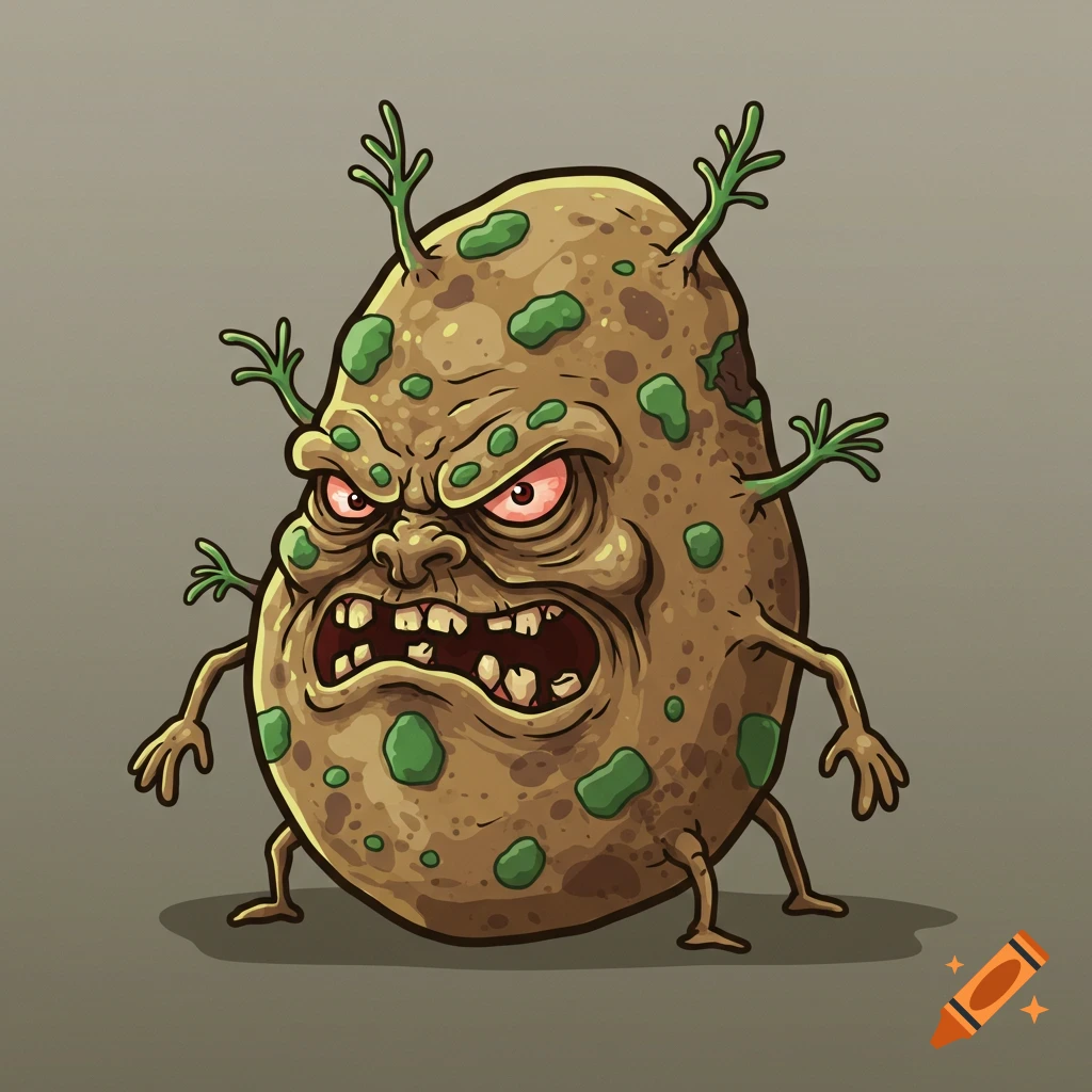 A cartoon illustration of an angry, moldy potato creature with glowing red eyes and spiky green sprouts.