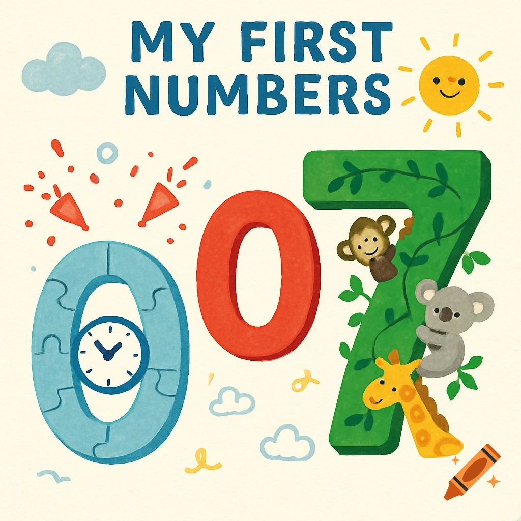 Cartoon illustration for a children's book titled 'MY FIRST NUMBERS', featuring a blue zero with a clock, a red zero, and a green seven with animals.