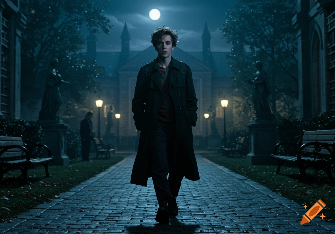 A young man walks down a moonlit brick path towards a gothic building at night.