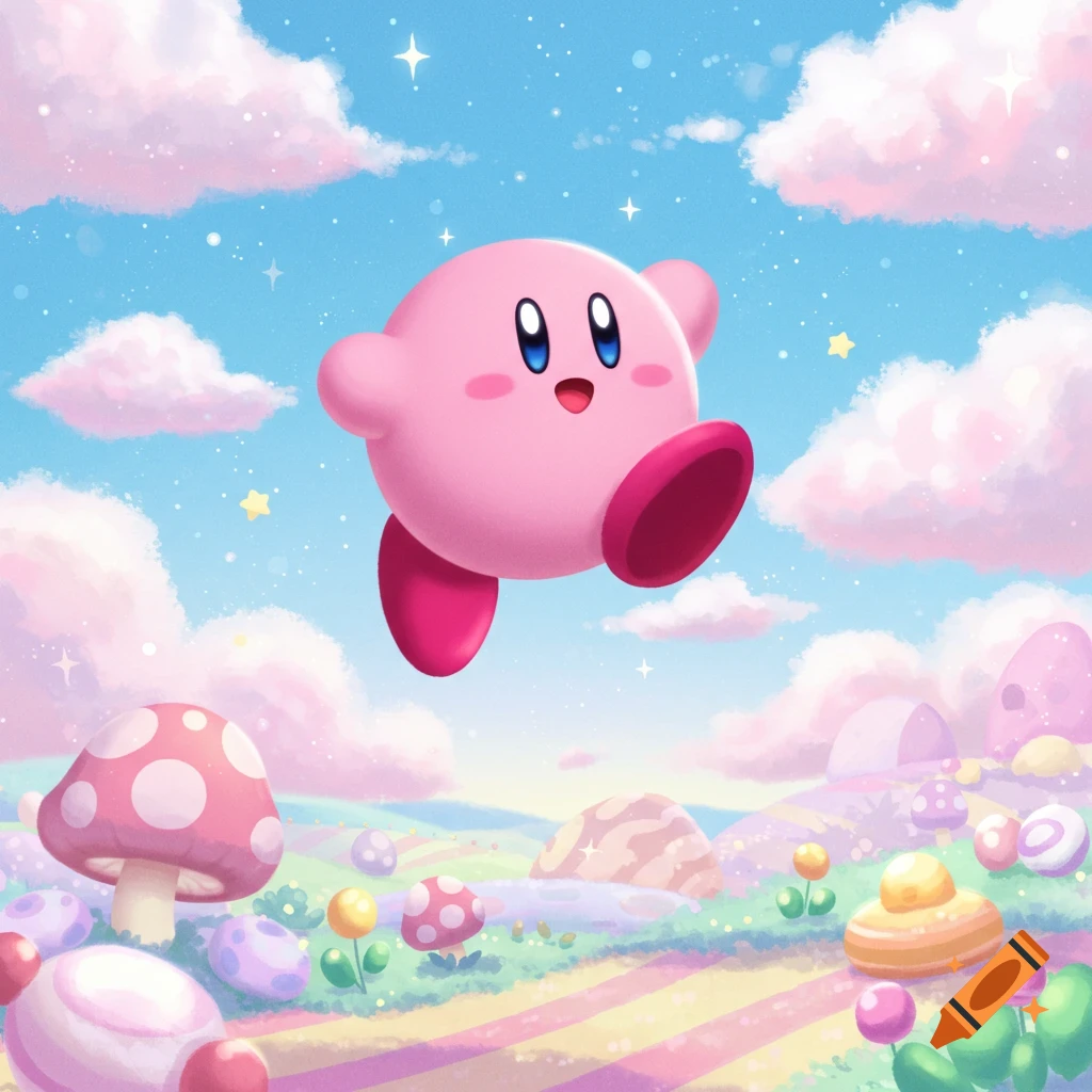 Kirby floats smiling in a whimsical pastel landscape with pink clouds, polka-dotted mushrooms, and colorful striped ground.