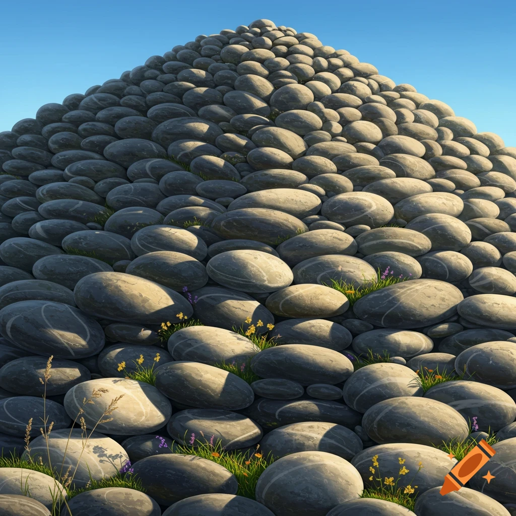 A large mound of smooth grey pebbles with green grass and small flowers under a clear blue sky, depicted in a photorealistic style.