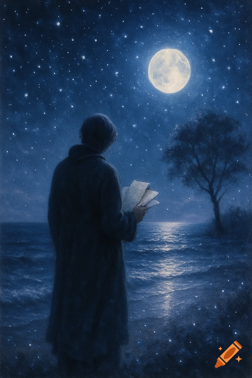 Person holding papers stands by a moonlit sea under a starry night sky, a tree on the distant shore.