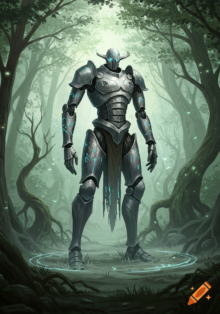 A tall, metallic construct with glowing blue patterns and a horned head stands in a mystical forest, light glowing around its feet. Digital painting.