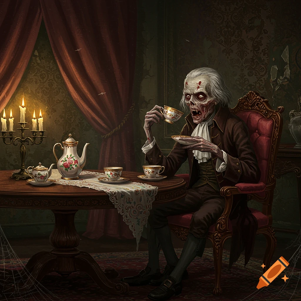 A decaying vampire with white hair sits at a table in a gothic room, drinking tea from a fancy teacup, lit by candles.