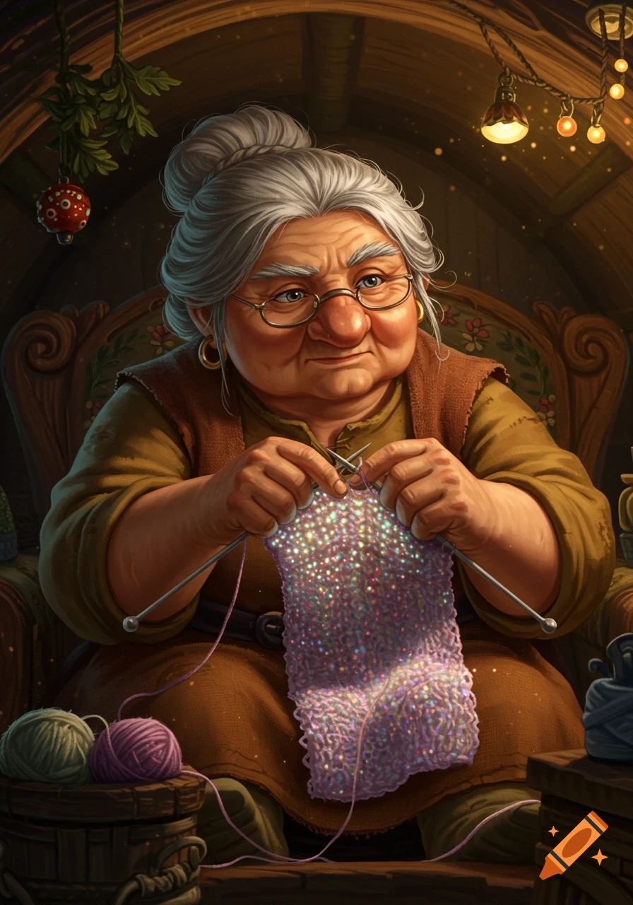 An old woman with grey hair and glasses sits in a cozy room, knitting a sparkling purple fabric, in a Studio Ghibli art style.