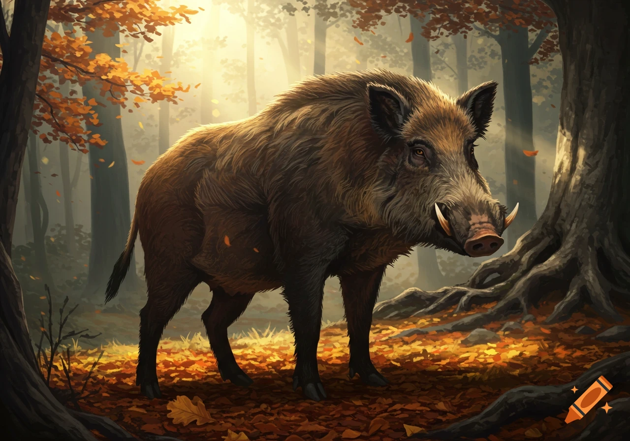 A realistic depiction of a wild boar standing in a sunlit autumn forest with fallen leaves on the ground.