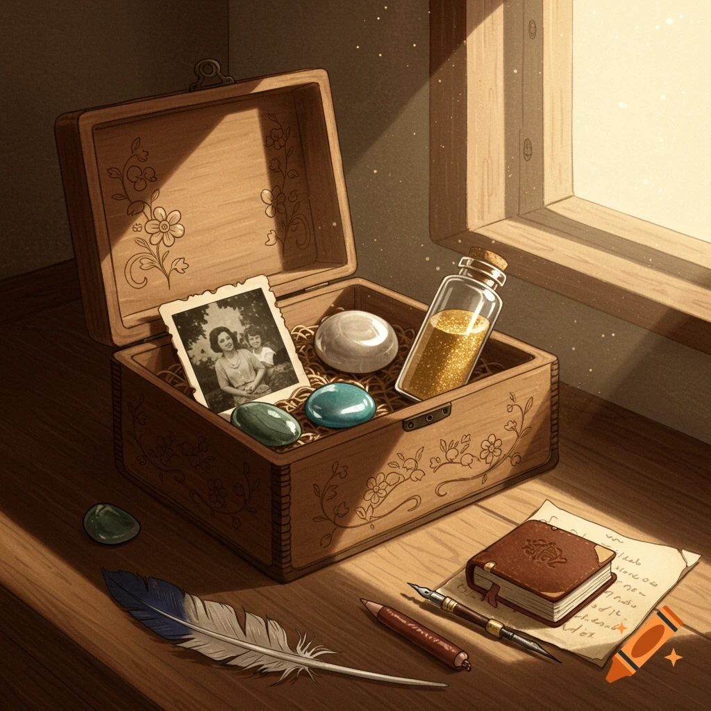 An open wooden memory box containing an old photo, stones, and a glitter bottle, sits on a sunlit wooden table next to a feather, pen, and journal.