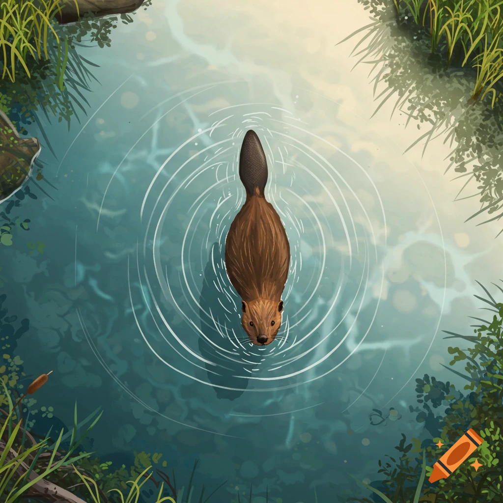 A top-down view of a brown beaver swimming in clear water, creating ripples, surrounded by green foliage.