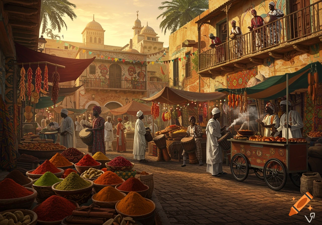 A vibrant, golden-hour market scene in an old city with traditional architecture, bustling with people selling spices, food, and goods from stalls.