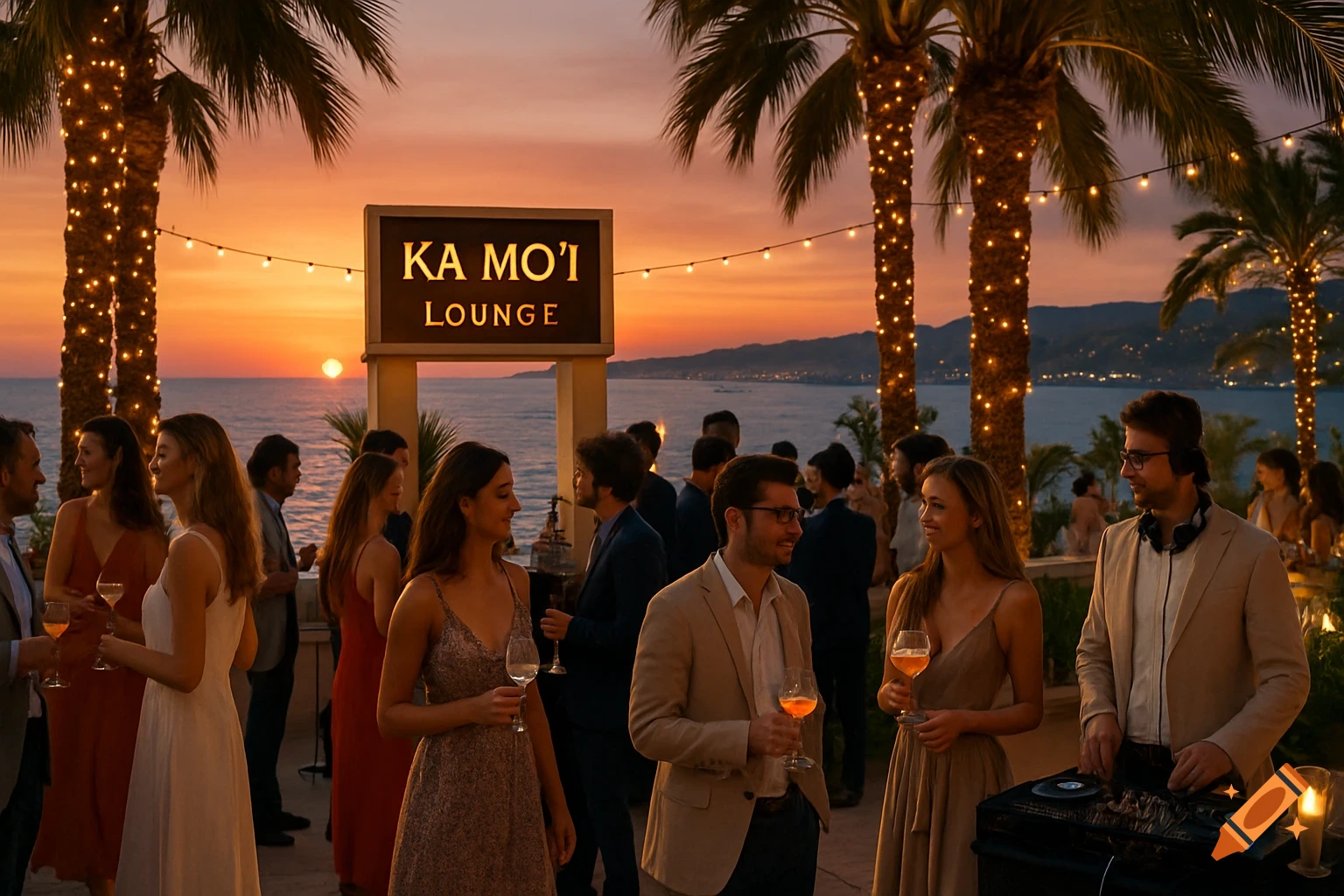 A group of people socializing at an outdoor lounge by the sea during sunset, with palm trees decorated with string lights and a sign that reads "KA MO'I LOUNGE"