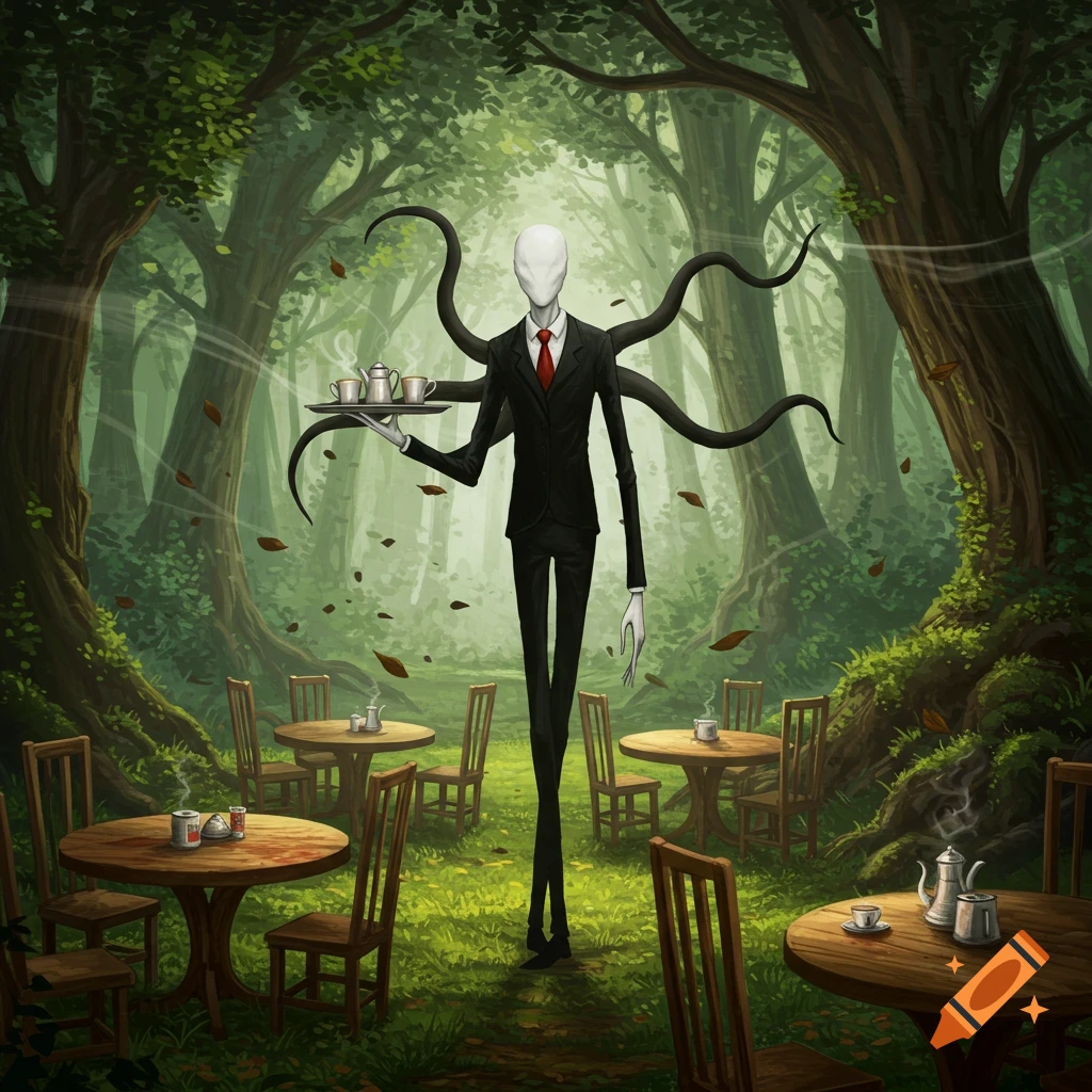 Slenderman, a tall, faceless figure in a suit with tendrils, serves tea on a tray in an enchanted forest cafe with wooden tables and chairs.