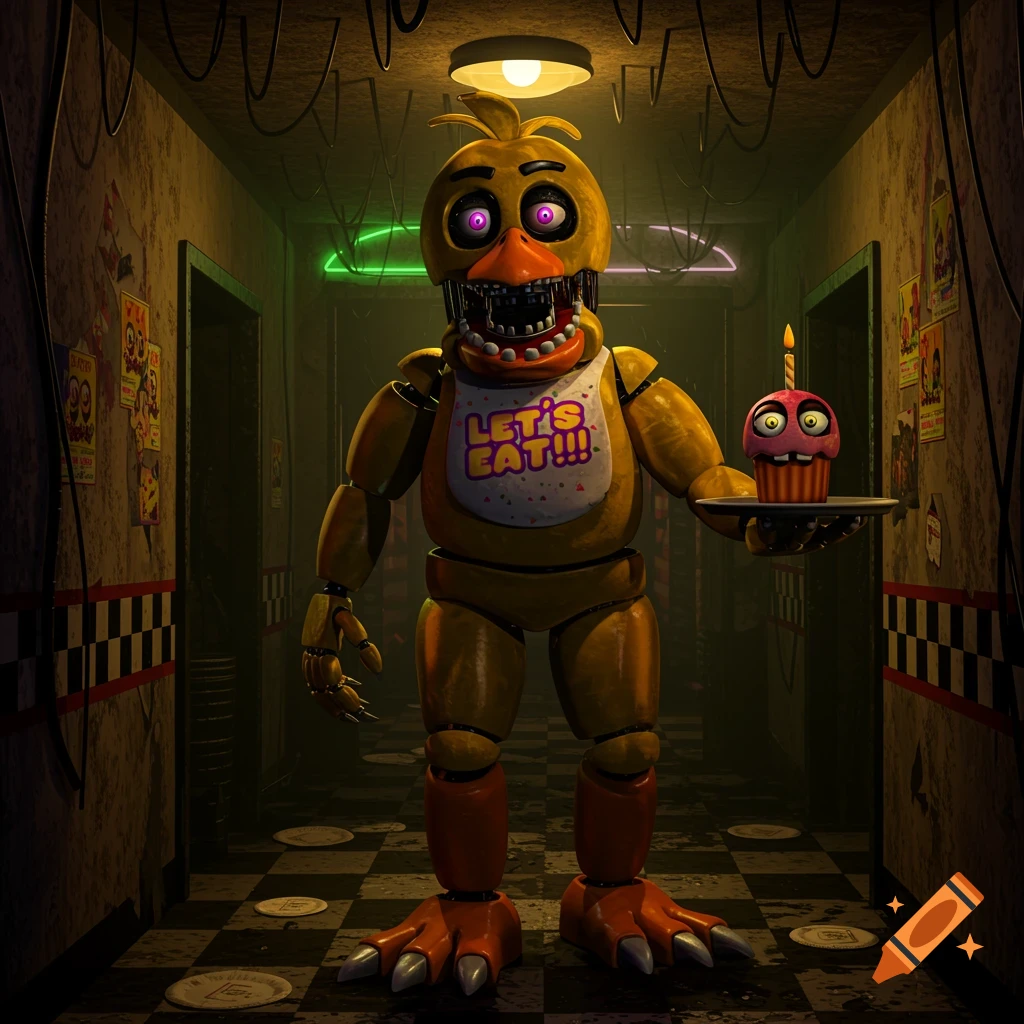 Toy Chica animatronic holding a cupcake with a candle in a neon-lit ...