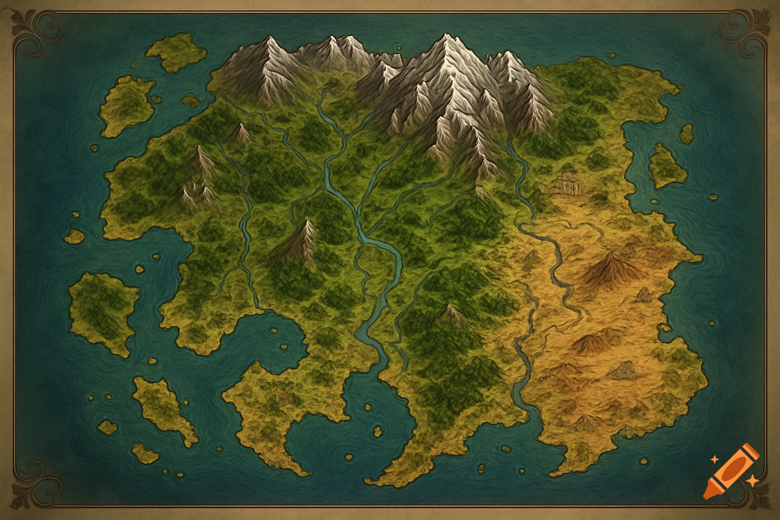 A vibrant fantasy world map depicting mountainous terrain, winding rivers, islands, and varied biomes.