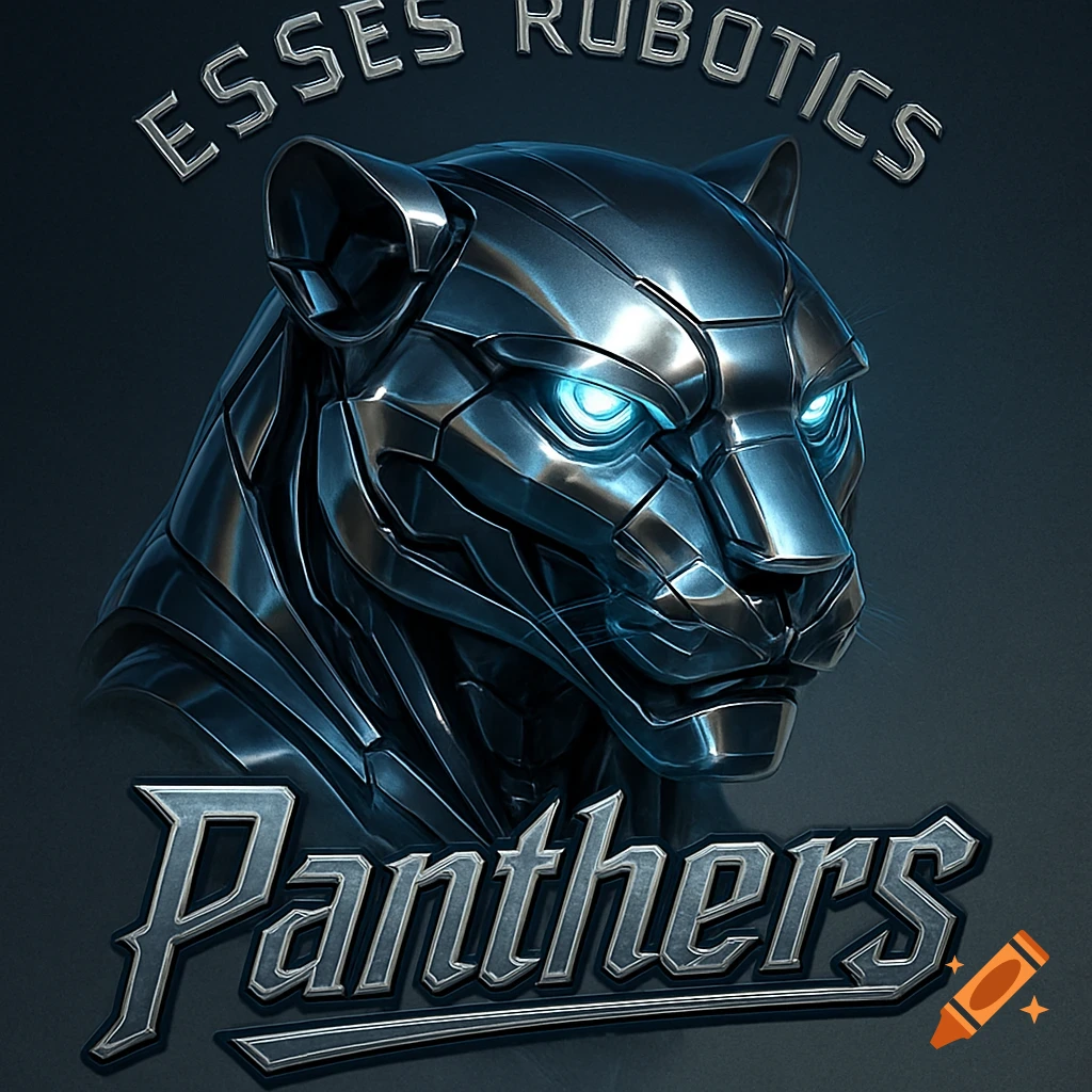 Metallic robotic panther head with glowing blue eyes and text 'ESSES ROBOTICS' above and 'Panthers' below.